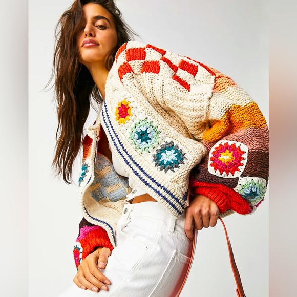 Anthropologie -SAACHI Square Checkered Multi Pattern Cardigan OS - Picture 1 of 7